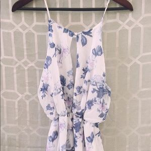 High neck white and blue and purple floral